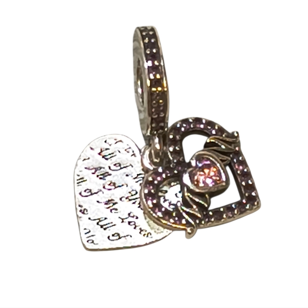 Pandora Sterling Silver Mom Heart Charm – Pink CZ & Engraved Double Dangle